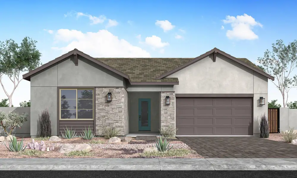 Front exterior of a new home in Soleo, San Tan Valley, AZ, highlighting curb appeal (Image 1). Front exterior of a new home in Soleo, San Tan Valley, AZ, highlighting curb appeal (Image 1).