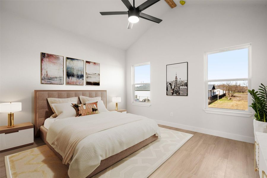 Bedroom featuring light wood finished floors and a ceiling fan