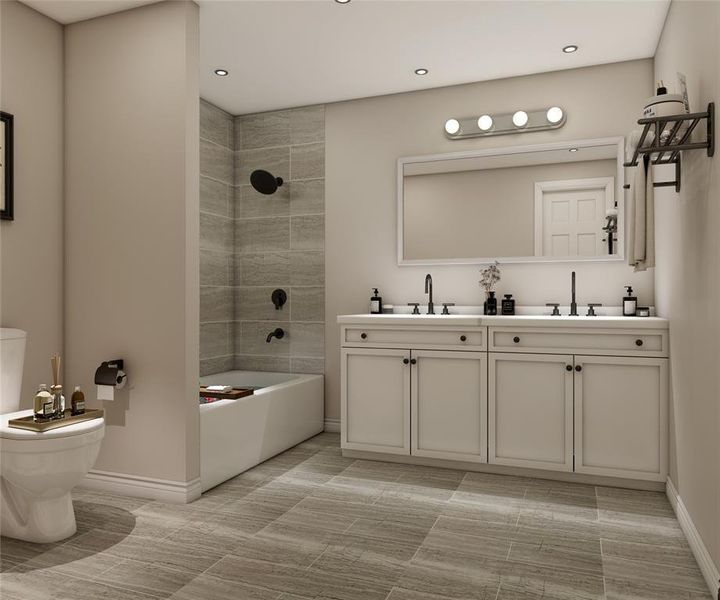 Primary bathroom. Spa-like retreat with a quartz-topped custom vanity with dual sinks. Beautiful tiles, elegant fixtures and high-arc faucets. Indulge and relax in the upgraded bathtub after a long day of hard work. Example photo, virtually staged