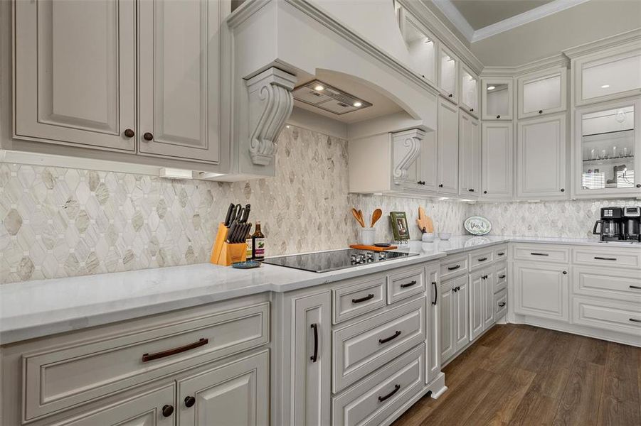 Kitchen with quartz countertops, tile backsplash, walk-in pantry, and extensive cabinet storage. Kitchen with quartz countertops, tile backsplash, walk-in pantry, and extensive cabinet storage.