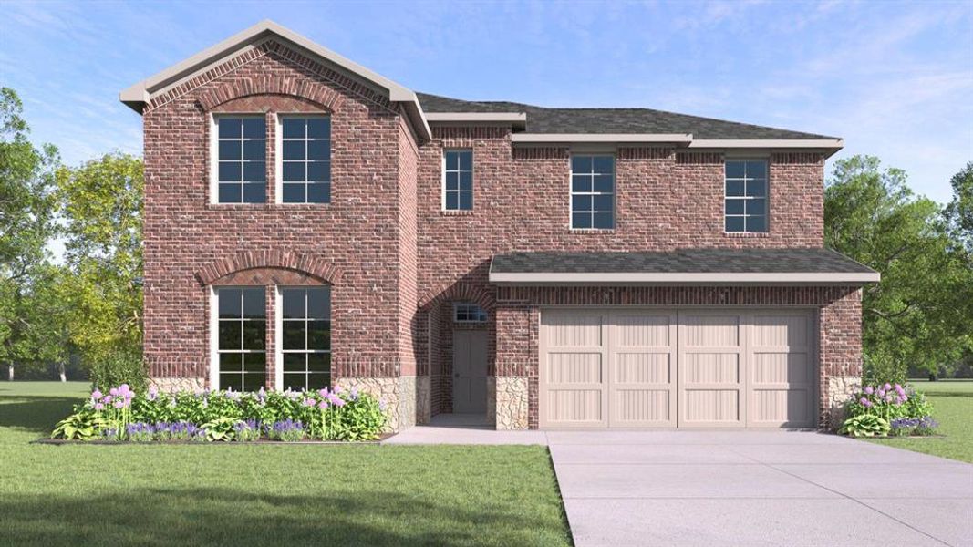 Front exterior of a new home in Madera, Royse City, TX, highlighting curb appeal (Image 1). Front exterior of a new home in Madera, Royse City, TX, highlighting curb appeal (Image 1).