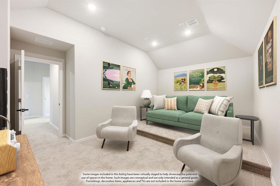 Bonus room with vaulted ceiling, carpet flooring, green sofa, two gray chairs, and framed wall art