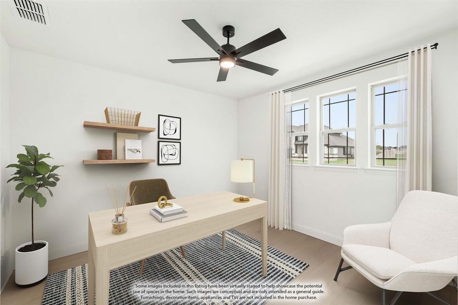 Home office with wood desk, floating shelves, ceiling fan, and large windows Home office with wood desk, floating shelves, ceiling fan, and large windows