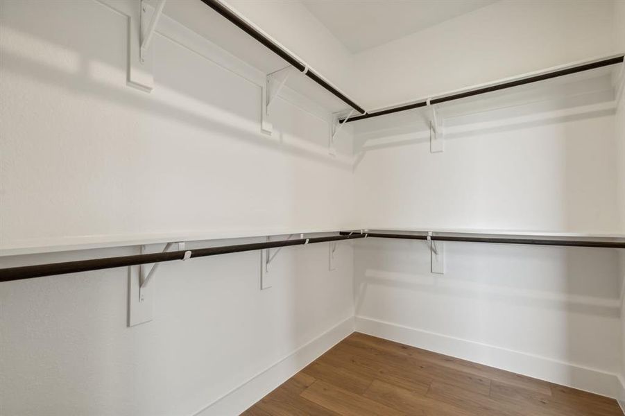 Walk in closet with hardwood / wood-style flooring