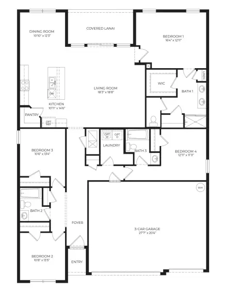2D floor plan layout for the Madison by D.R. Horton in Estates at Northwoods, St. Cloud, FL (Image 3).