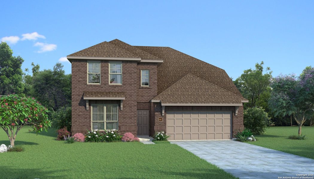Front exterior of a new home in Vista Ridge, Live Oak, TX, highlighting curb appeal (Image 1).