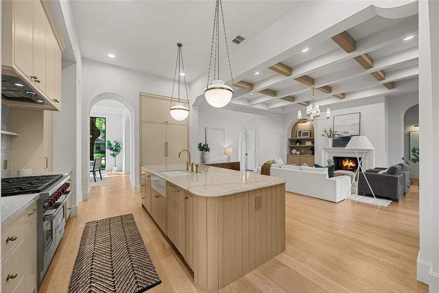 Gourmet kitchen featuring a large island with sink, professional-grade range, integrated refrigerator, and light wood-finish cabinetry