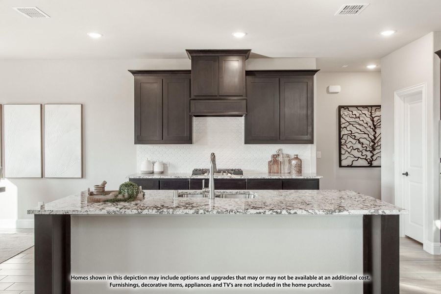 Kitchen with dark wood cabinets, granite island with sink, and white tile backsplash Kitchen with dark wood cabinets, granite island with sink, and white tile backsplash