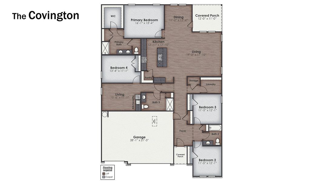 2D floor plan layout for the COVINGTON by D.R. Horton in Cedar Hill Landing, Navassa, NC (Image 4).