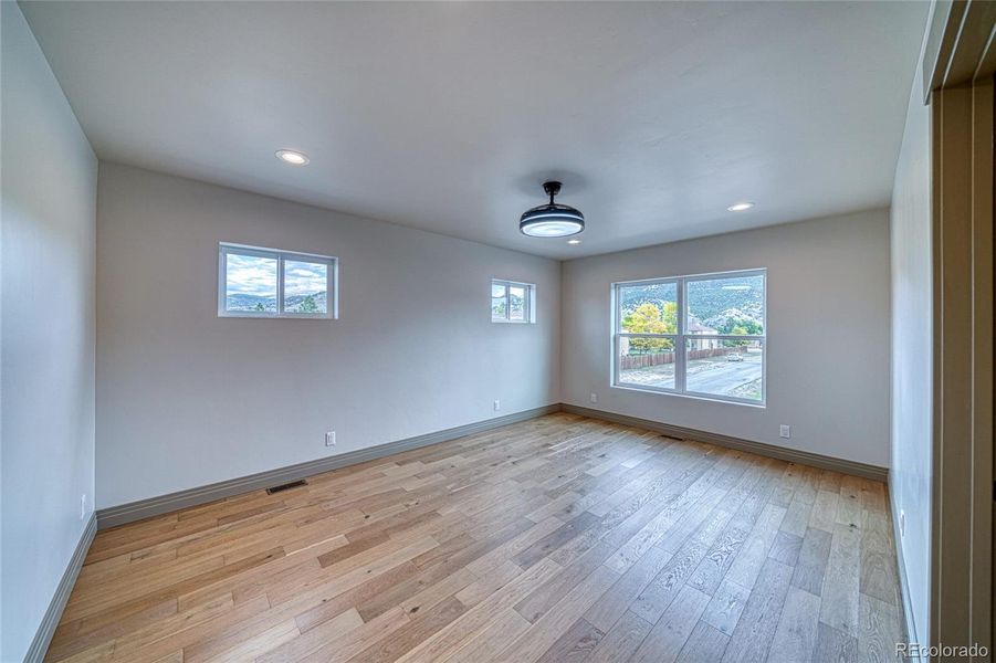 Bedroom #3 is the primary bedroom with En-suite. This light fixture is also a fan with blades that come out.