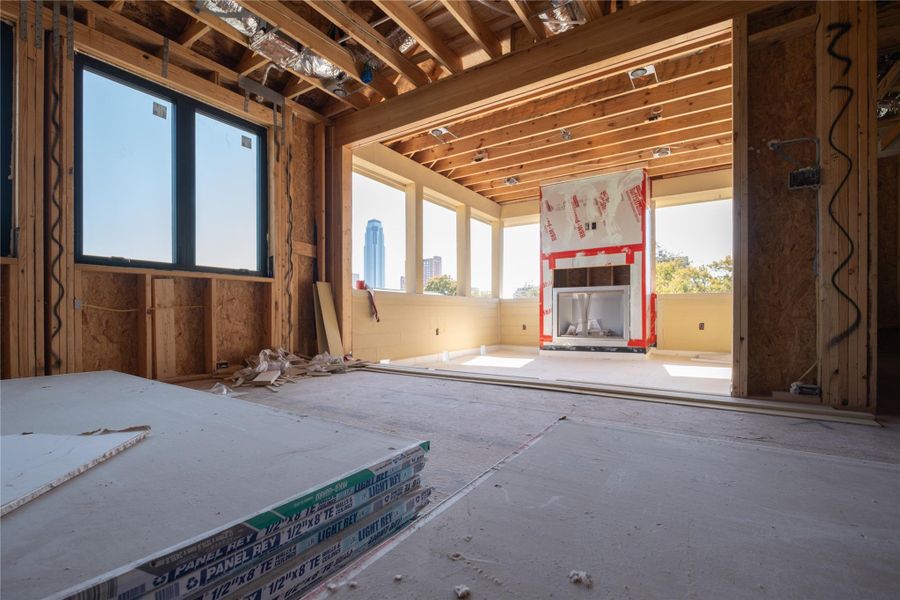 Progress as of 2/1/26. View of the third-floor Game Room and Covered Terrace on Unit B.