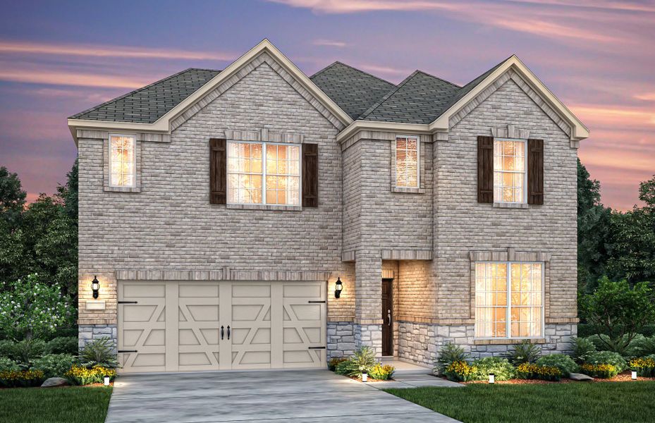 The San Marcos, a 2-story new construction home with shutters, shown with Home Exterior B The San Marcos, a 2-story new construction home with shutters, shown with Home Exterior B