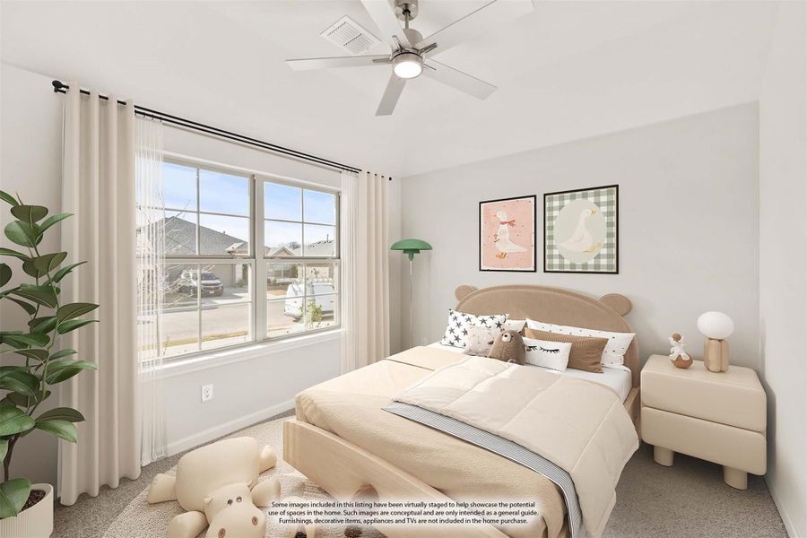 Children's bedroom with neutral carpet, ceiling fan, large window, and decorative bed with bear-shaped headboard