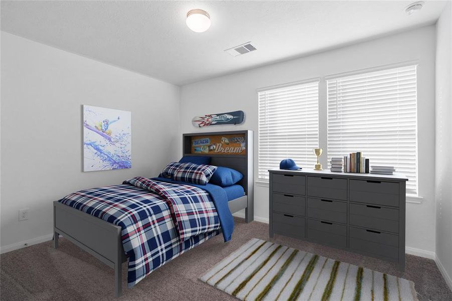 Secondary bedroom features plush carpet, custom paint, lighting, ample closet space, and a large window with privacy blinds.