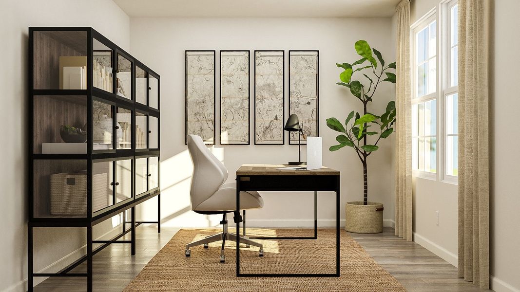 A room with a table and chairs.