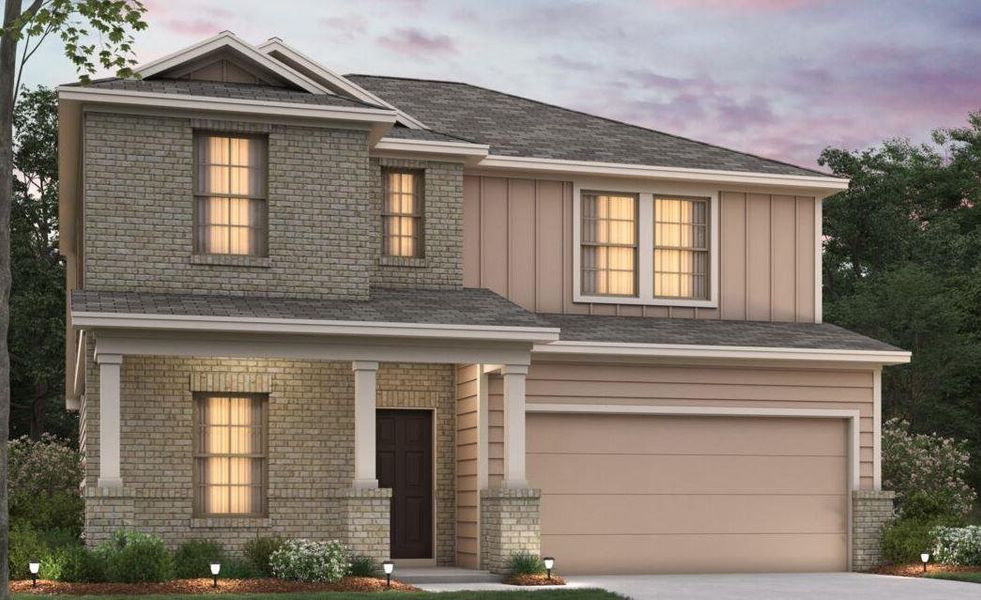 Front exterior of a new home in Marble Creek Crossing, Austin, TX, highlighting curb appeal (Image 1).