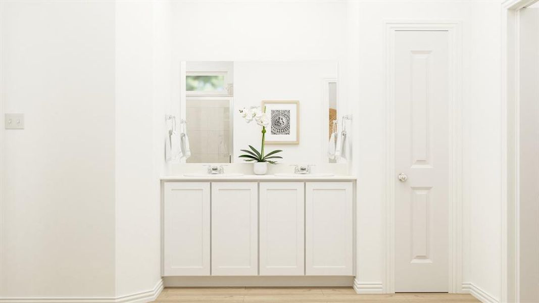 Bathroom with wood-type flooring and vanity