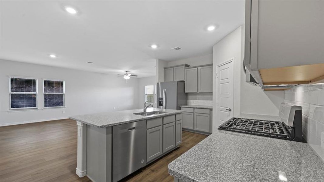Kitchen with appliances with stainless steel finishes, an island with sink, gray cabinets, dark wood-style flooring, and open floor plan Kitchen with appliances with stainless steel finishes, an island with sink, gray cabinets, dark wood-style flooring, and open floor plan