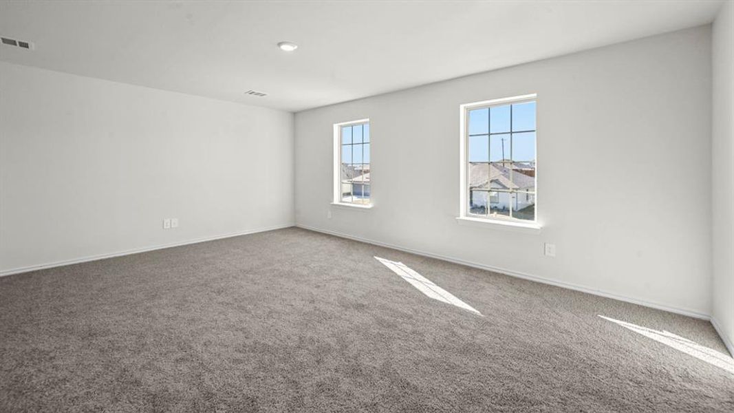 Carpeted room featuring white walls, baseboards, and two windows with grid patterns