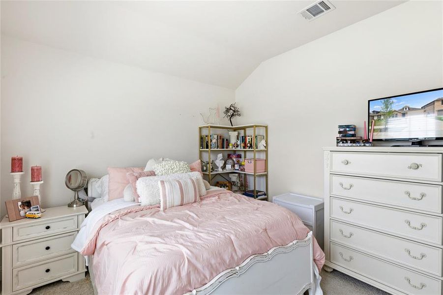 Carpeted room with a vaulted ceiling, featuring a white painted bed frame and a three-drawer nightstand