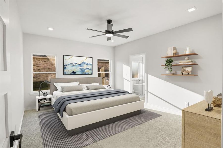 Bedroom with light carpet, a ceiling fan, recessed lighting, and ensuite bathroom