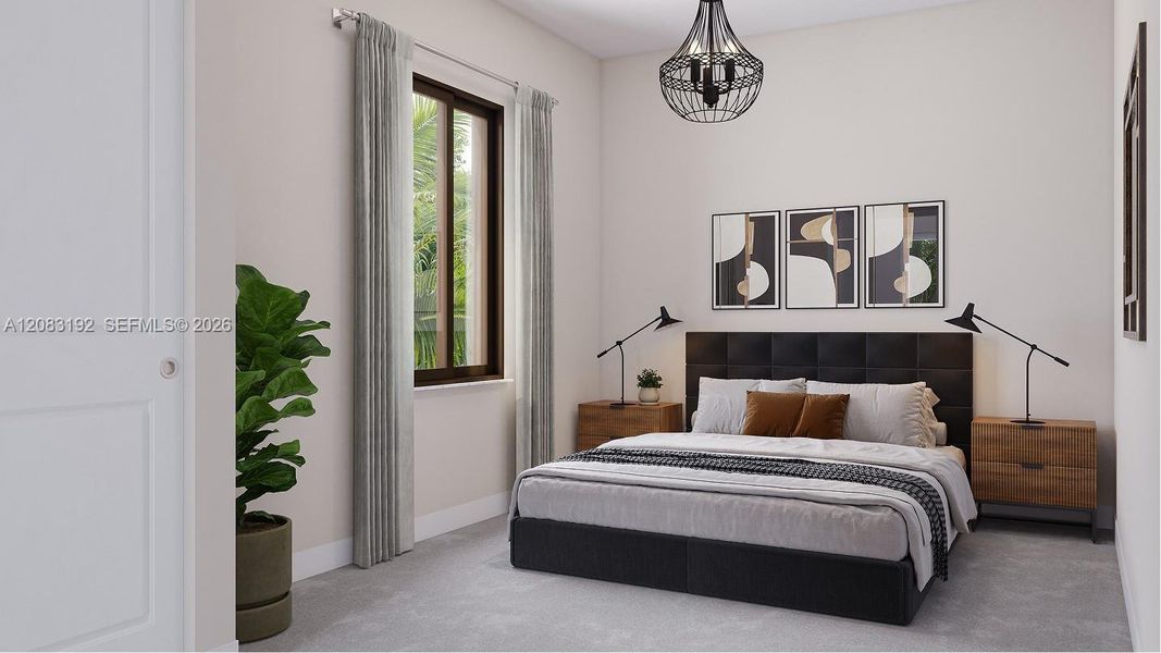 Located in a corner on the first floor, this bedroom suite offers privacy and personal space for relaxation. It includes a practical closet and an adjoining bathroom.