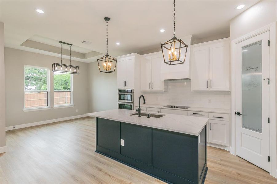 Kitchen featuring a chandelier, a sink, tasteful backsplash, a tray ceiling, and white cabinetry Kitchen featuring a chandelier, a sink, tasteful backsplash, a tray ceiling, and white cabinetry