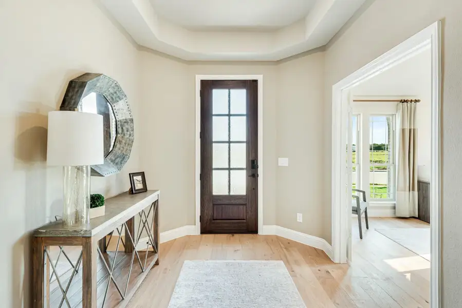 Home entryway with dark wood front door, tray ceiling, hardwood floors, and console table with mirror.