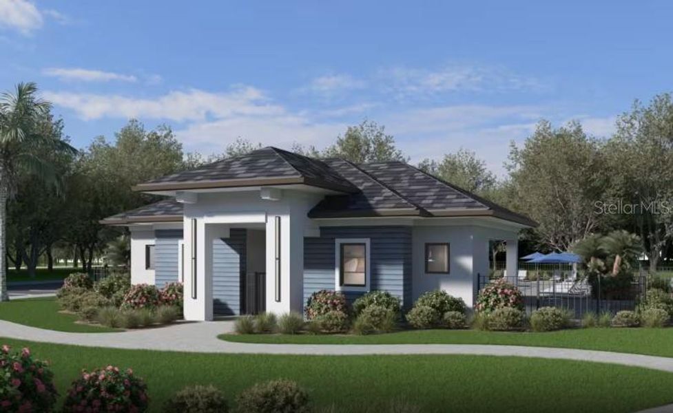 Front exterior of a new home in Shores at Stillwater, Englewood, FL, highlighting curb appeal (Image 1).