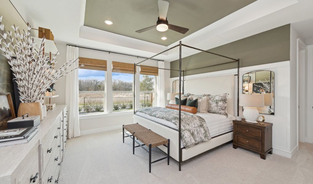 Primary suite with decorative feature wall Primary suite with decorative feature wall