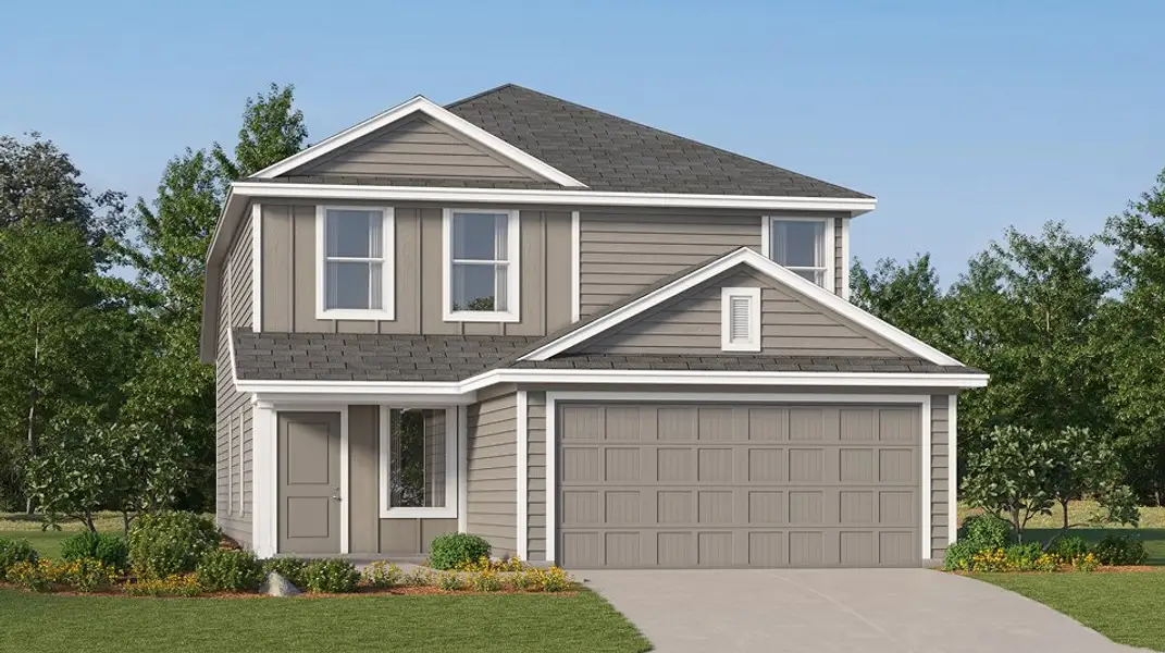 Front exterior of a new home in Hidden Oasis, San Antonio, TX, highlighting curb appeal (Image 1). Front exterior of a new home in Hidden Oasis, San Antonio, TX, highlighting curb appeal (Image 1).