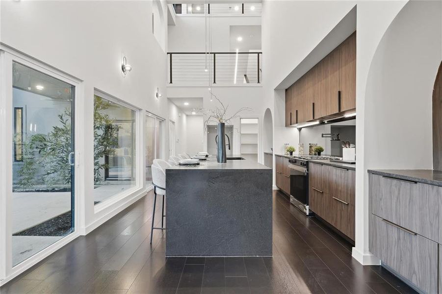 Modern kitchen with dark wood-finish flooring, a waterfall island, and integrated stainless steel appliances