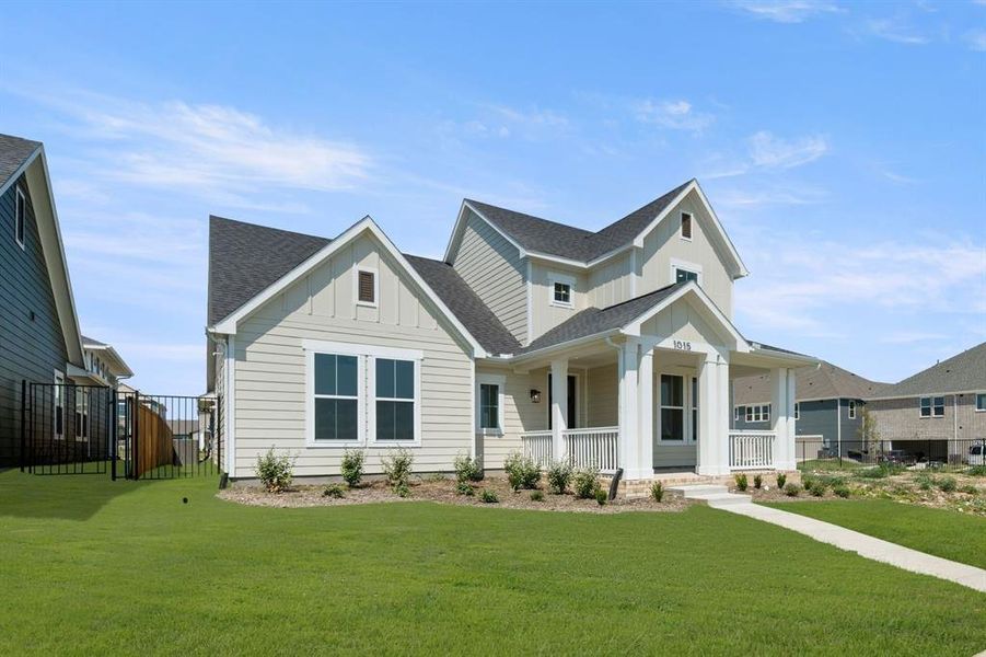 Front exterior of a new home in MidTowne, Midlothian, TX, highlighting curb appeal (Image 1).