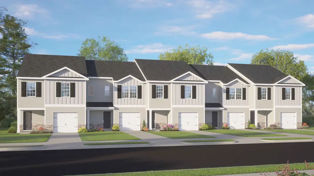 Front exterior of a new home in The Townes at Honeycutt Oaks, Angier, NC, highlighting curb appeal (Image 1). Front exterior of a new home in The Townes at Honeycutt Oaks, Angier, NC, highlighting curb appeal (Image 1).