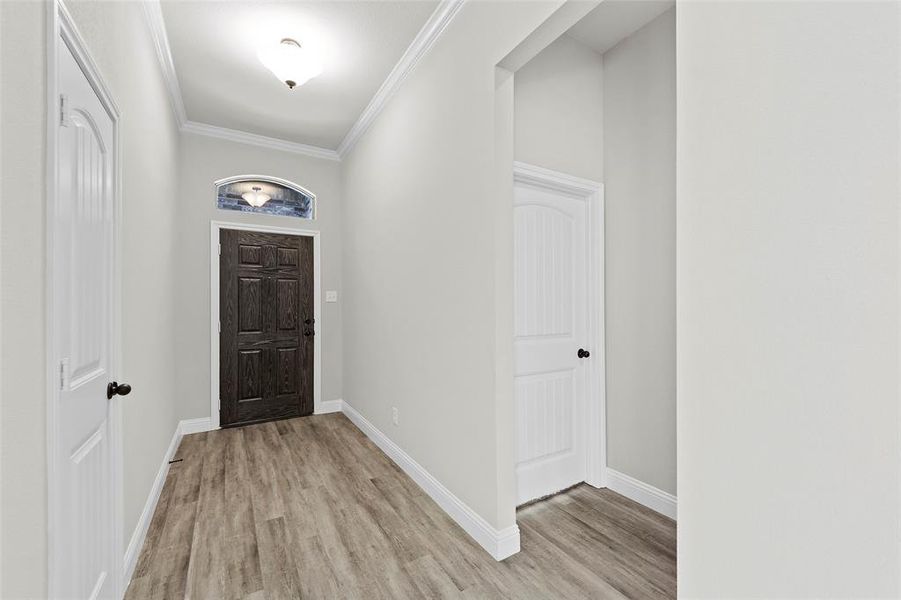 Entrance foyer featuring light hardwood / wood-style floors and ornamental molding