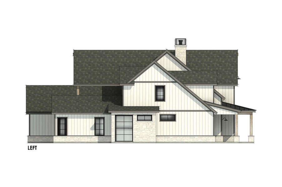 Proposed Modern Farmhouse: left-side elevation showcases the home’s layered rooflines, clean vertical siding, and natural stone accents that add texture and warmth to its modern farmhouse design.