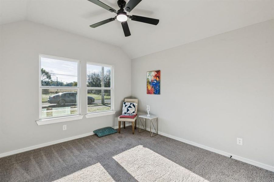 Unfurnished room featuring lofted ceiling, carpet flooring, and ceiling fan