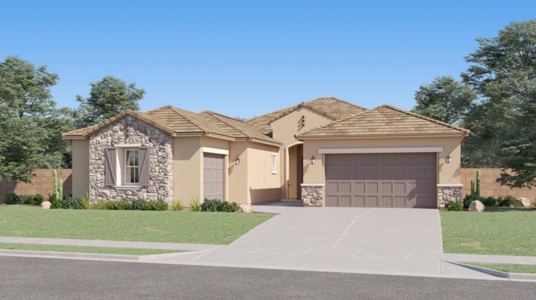 Front exterior of a new home in Bella Vista Farms, San Tan Valley, AZ, highlighting curb appeal (Image 1). Front exterior of a new home in Bella Vista Farms, San Tan Valley, AZ, highlighting curb appeal (Image 1).