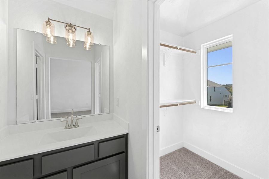Bathroom featuring light colored carpet, vanity, and a spacious closet