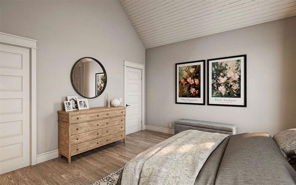 Bedroom with hardwood / wood-style flooring, high vaulted ceiling, and wooden ceiling