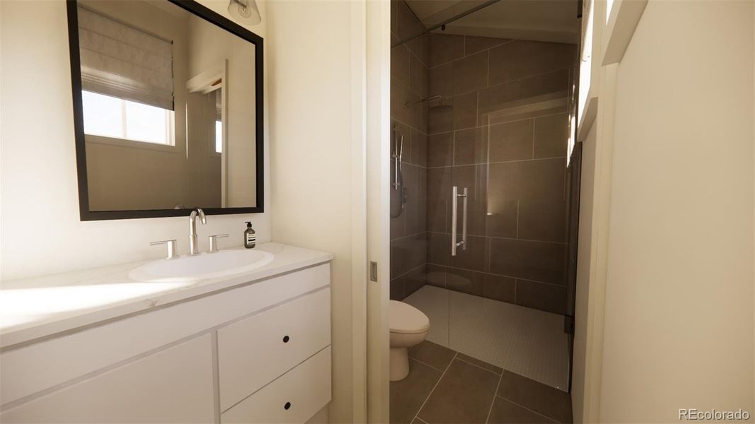 A closer look at the spacious primary shower! *This is a 3D rendering.
