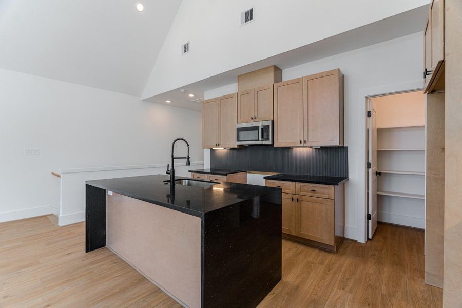 This kitchen boasts sleek black quartz countertops and ample cabinet and counter space, offering a stylish and functional heart for your home.Photo Disclaimer: Photos are representative of the community and may depict a similar floor plan, model home, or previously completed residence. This kitchen boasts sleek black quartz countertops and ample cabinet and counter space, offering a stylish and functional heart for your home.Photo Disclaimer: Photos are representative of the community and may depict a similar floor plan, model home, or previously completed residence.
