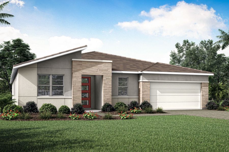 Representative exterior photo of a completed home built from the Red Rock by Mattamy Homes in Sunstone Lakeside at Wellen Park, Venice, FL (Image 17).
