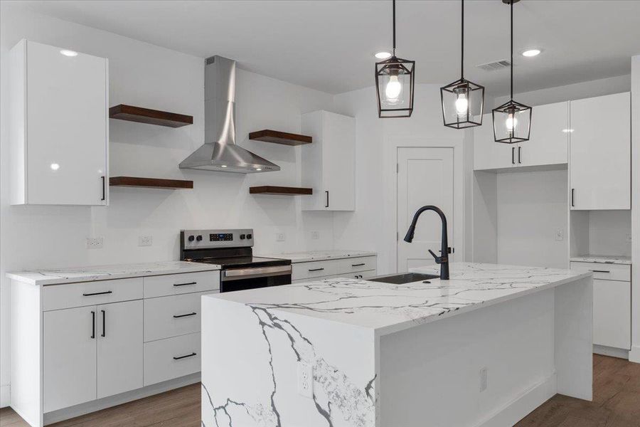 Kitchen with open shelves, electric range, wall chimney range hood, white cabinetry, and modern cabinets Kitchen with open shelves, electric range, wall chimney range hood, white cabinetry, and modern cabinets