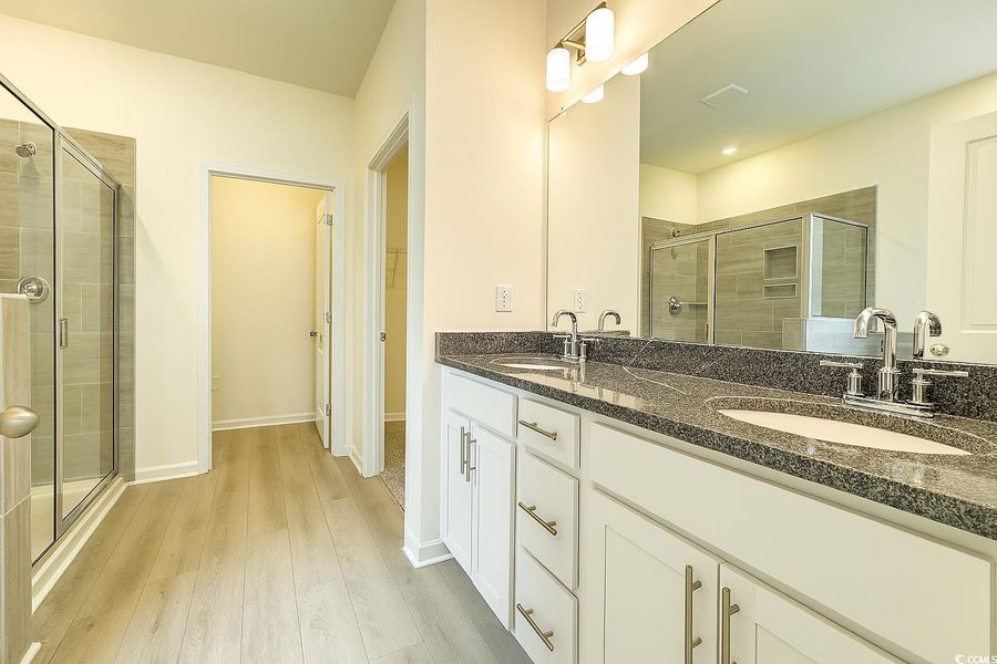 Bathroom featuring a stall shower, wood finished floors, and double vanity Bathroom featuring a stall shower, wood finished floors, and double vanity