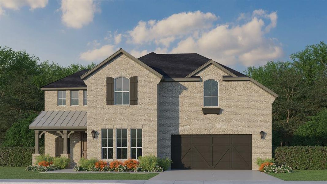 French provincial home featuring brick siding, concrete driveway, and an attached garage