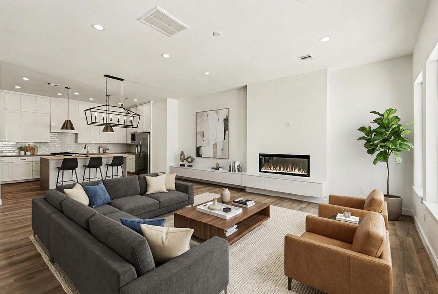 Living area looking into kitchen. Virtually staged.