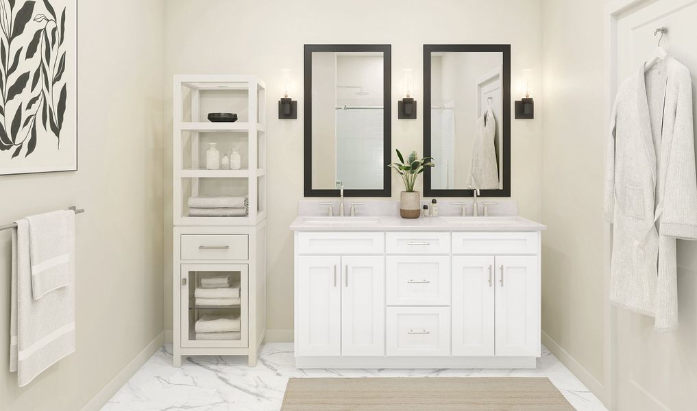 Primary bath with freestanding vanity