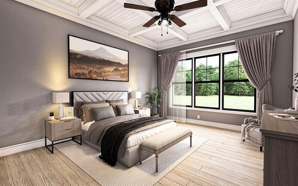 Bedroom with coffered ceiling, wood finished floors, a wooden ceiling with exposed beams, and a ceiling fan Bedroom with coffered ceiling, wood finished floors, a wooden ceiling with exposed beams, and a ceiling fan