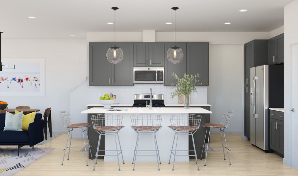 Kitchen with pendant lighting and floating shelves